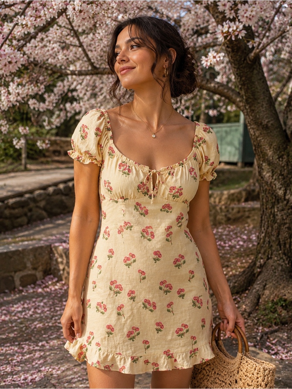 Urban Outfitters Cream Mini Dress with Pink Rose Print